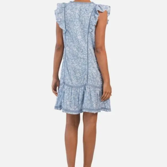 Lucky Brand Lace Trim Ruffle Shoulder Flounce Floral Mini Dress Blue White Small - Picture 3 of 10